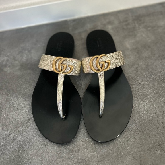 Gucci Shoes - Gucci GG Marmont Thong Flat Sandal Metallic Gold Leather Size 40 US 10